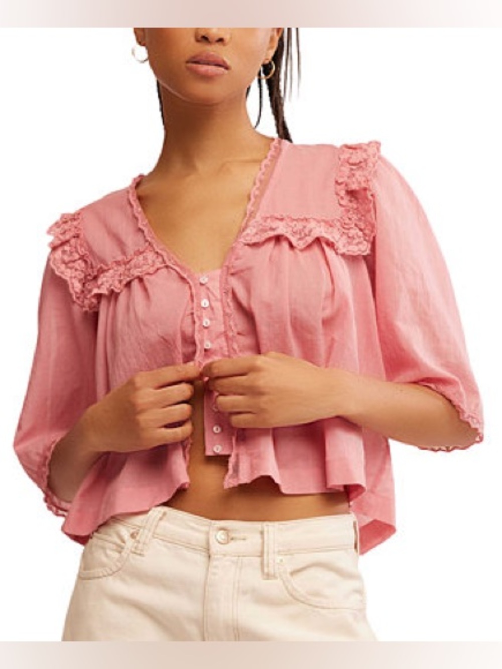 Free People Luna Cropped Lace Top Pink Boho Blouse XL